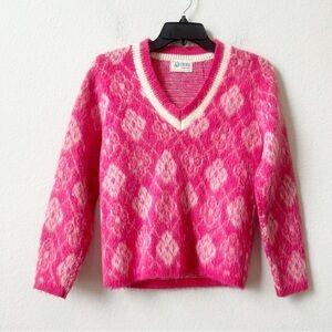 Vintage Devon Y2K 90S Pink Argyle Diamond Fuzzy v-neck mohair blend sweater Sz 6